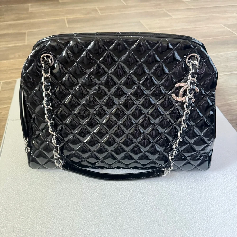 CHANEL Black Quilted Patent Leather Just Mademoiselle Bag (Excellent)